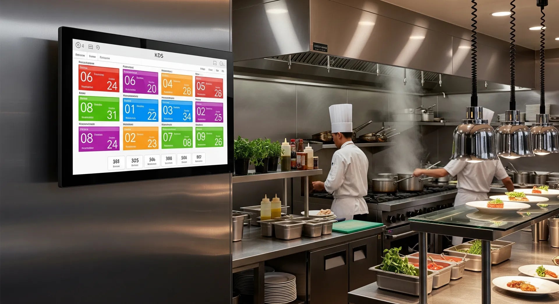 Commercial-grade kitchen display system (KDS) showing orders, mounted on a stainless steel wall in a busy restaurant kitchen.
