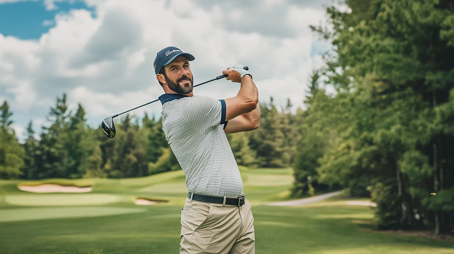 Golfer in a blue hat and striped shirt mid-swing on a sunny course with green trees and bunkers.