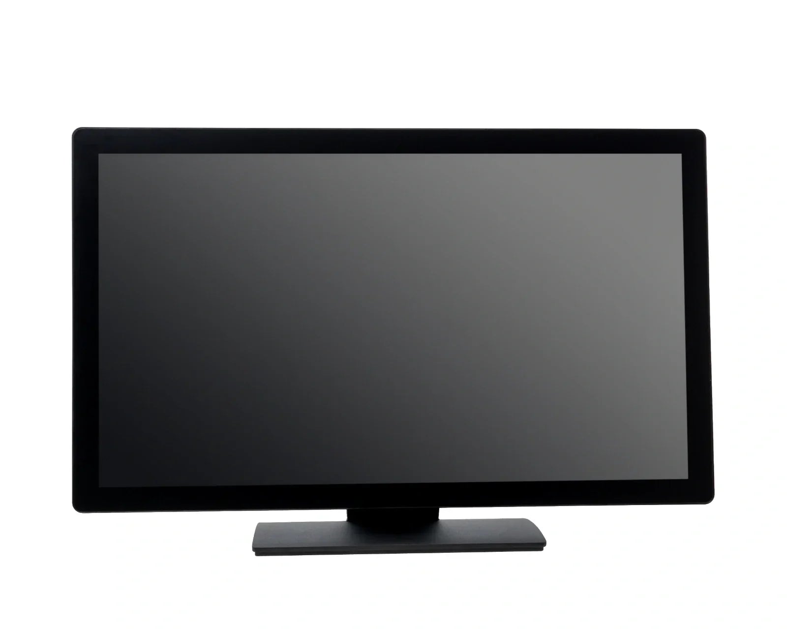 Modern black computer monitor with a blank screen on a white background.