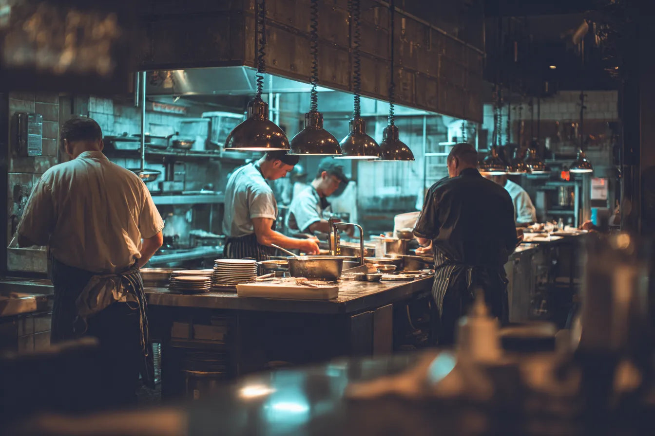 Busy commercial kitchen with chefs working at stainless steel stations under industrial pendant lights.
