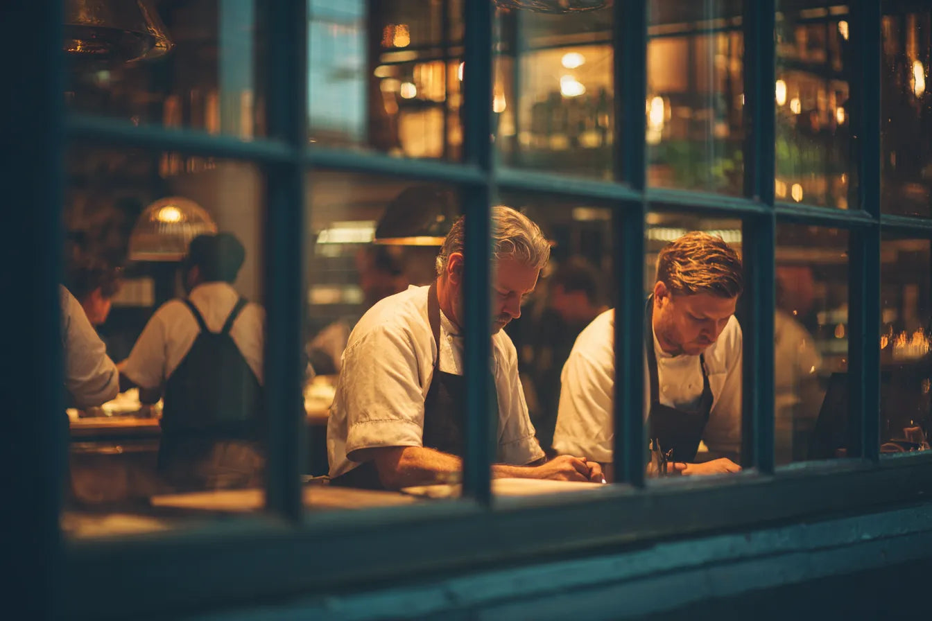Two chefs in white uniforms and aprons intently reviewing orders in a warm, bustling restaurant kitchen.
