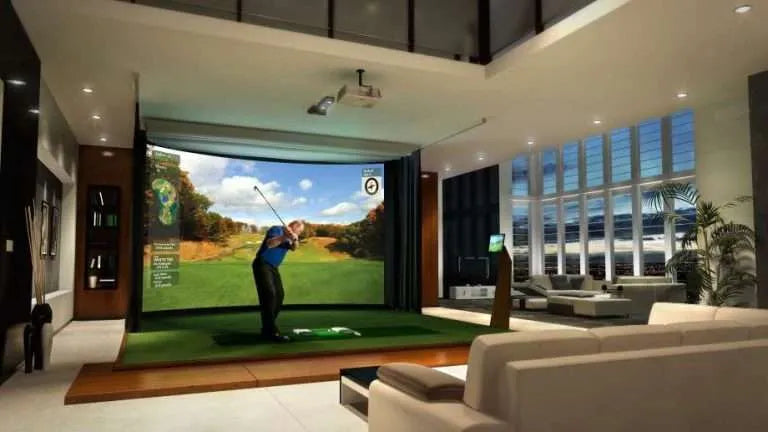 Luxurious home golf simulator with a large curved screen displaying a golfer on a course.