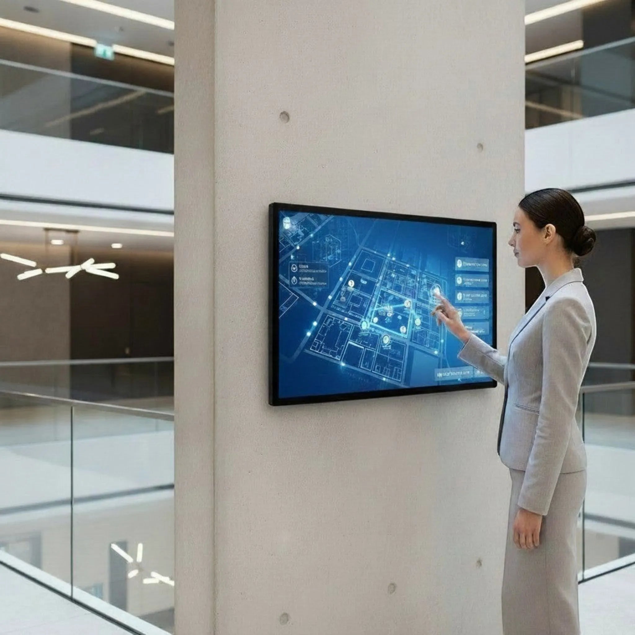 Woman in a grey suit interacting with a large business touch display showing architectural blueprints.