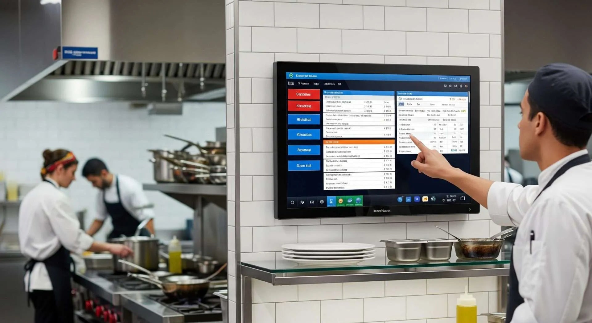 Chef uses a wall-mounted touch screen to manage orders in a modern restaurant kitchen.