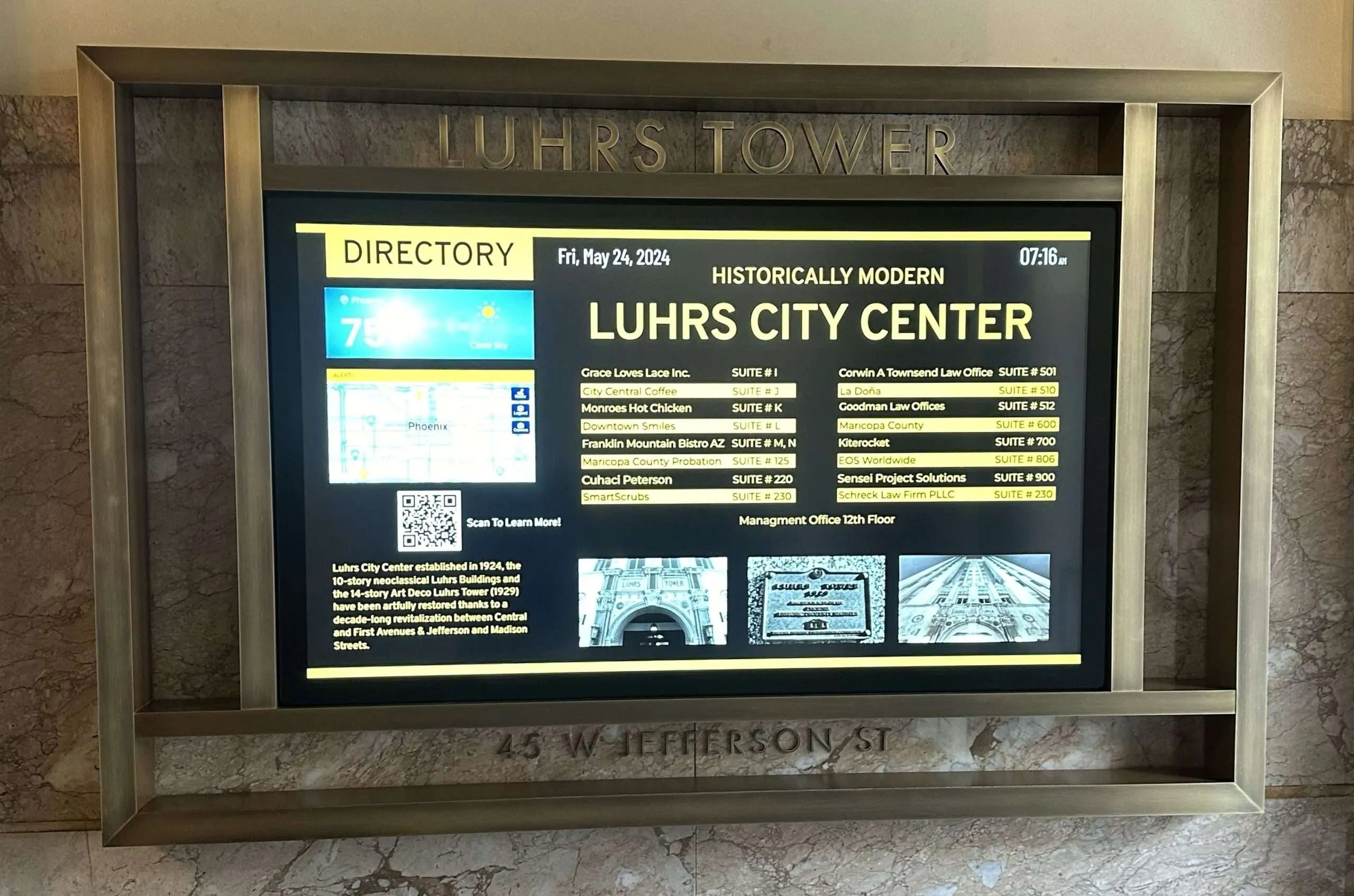 Digital signage directory for Luhers City Center in downtown Phoenix, displaying tenant names, suites, and building info.