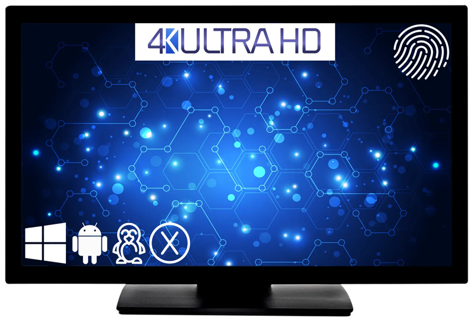 4K Ultra HD interactive display with fingerprint ID, showing Windows, Android, Linux, and X operating systems.
