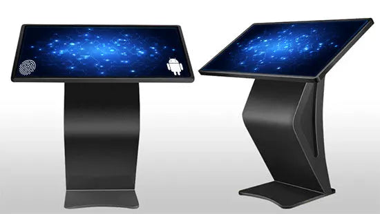 Two sleek, black self-service kiosks with interactive blue screens, one featuring a fingerprint icon and Android logo.
