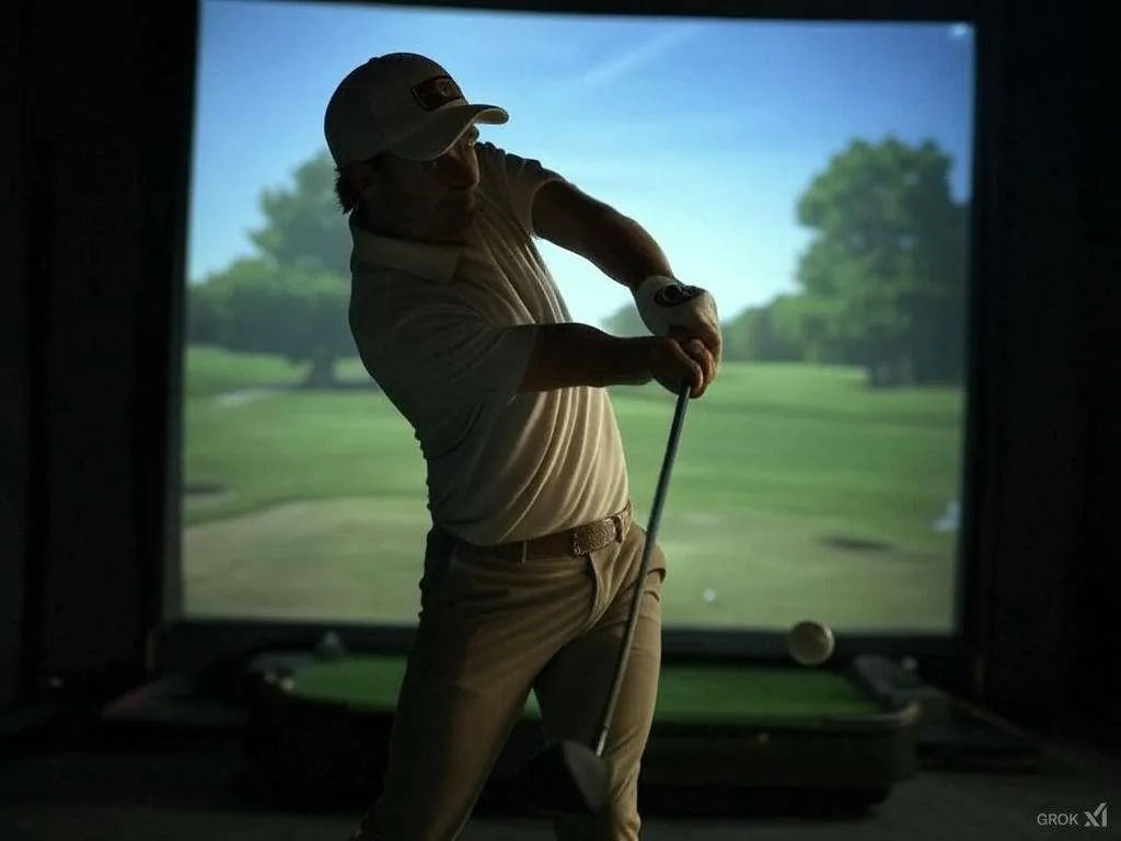 Golfer in a white cap and shirt swinging a club in a golf simulator with a projected course.