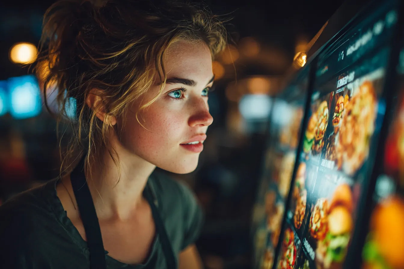 Young woman with blonde hair and blue eyes looking at a bright digital menu screen in a restaurant.