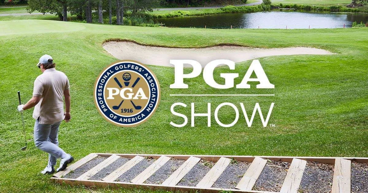 Golfer walking on a green course with a sand trap and pond, overlaid with the PGA Show logo.