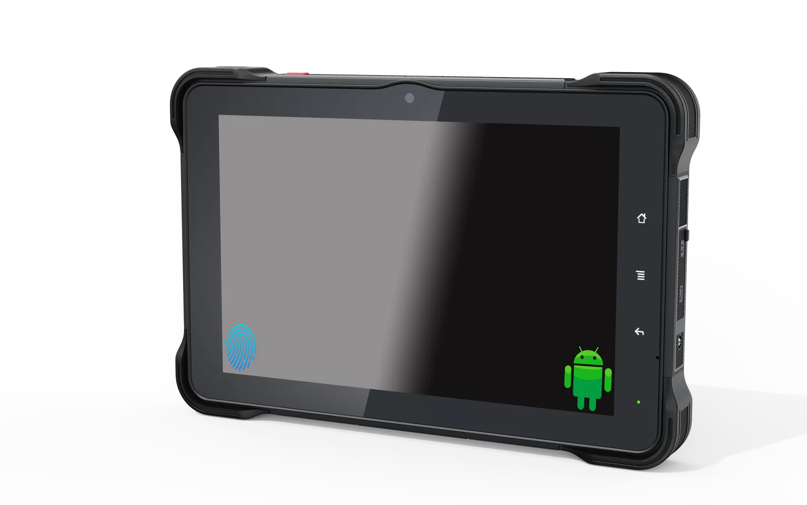 Black rugged Android tablet with a thick protective casing and an Android logo on the screen.