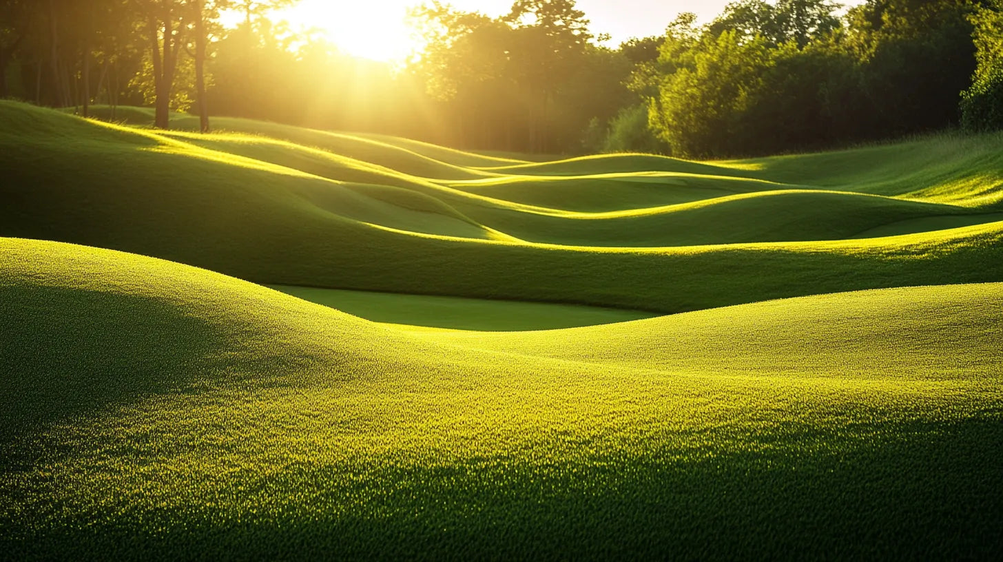Lush green golf course with rolling hills, bathed in warm golden sunlight at sunset.