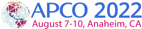 APCO 2022 logo with a colorful globe icon and event dates: August 7-10, Anaheim, CA.