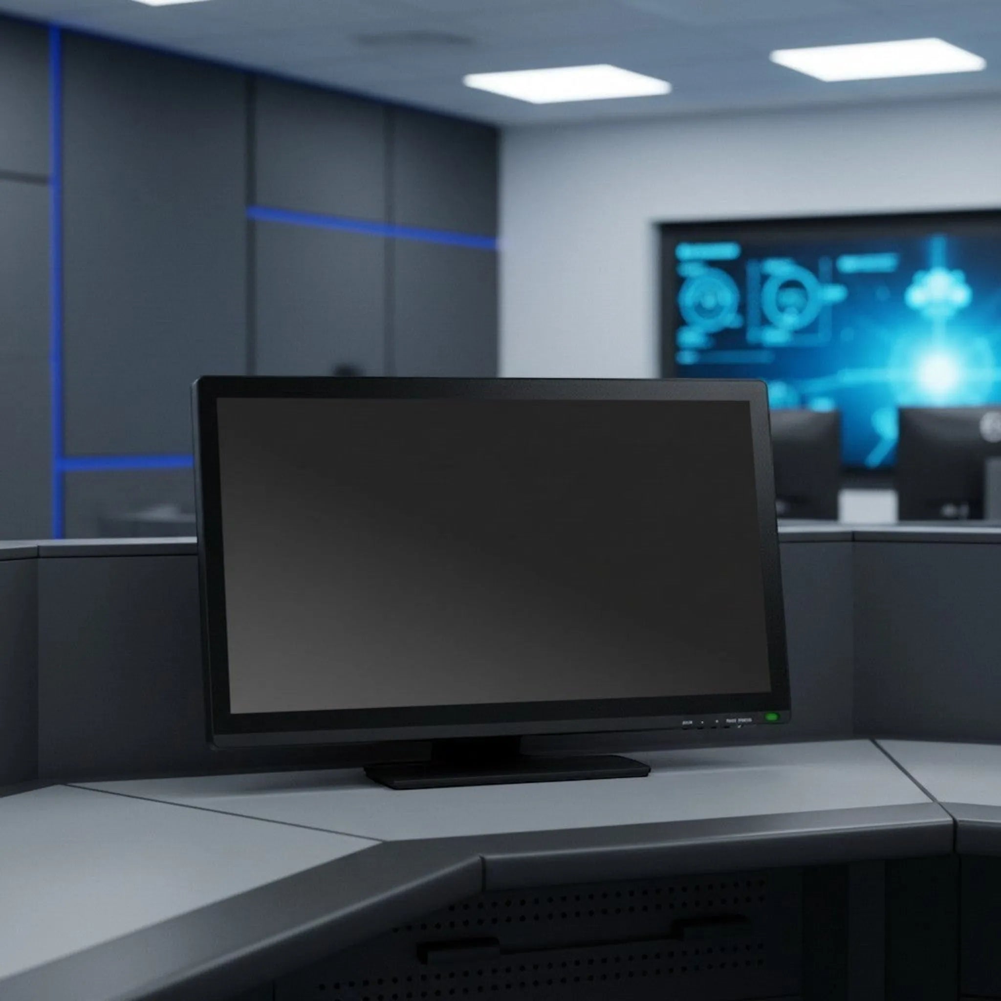 Sleek black commercial touch monitor on a gray desk in a modern control room with blue accents.