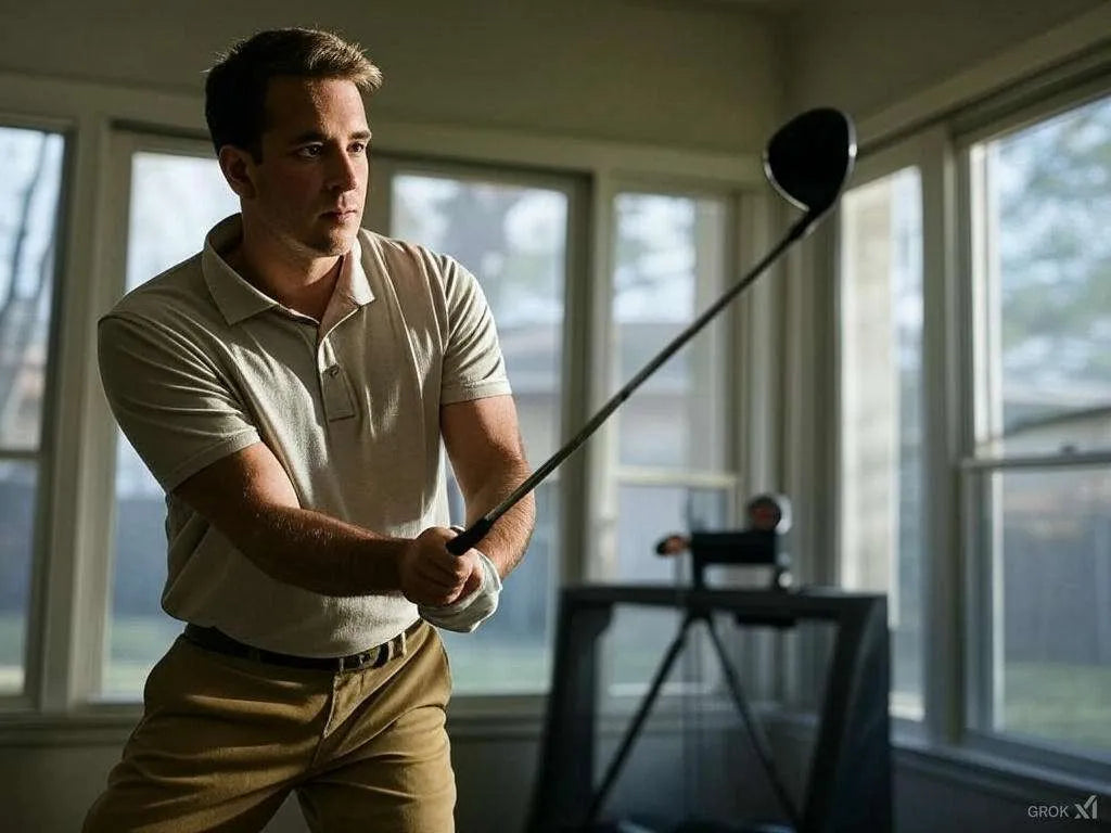 Man in a beige polo shirt and khakis swinging a golf club indoors, practicing with a golf simulator.