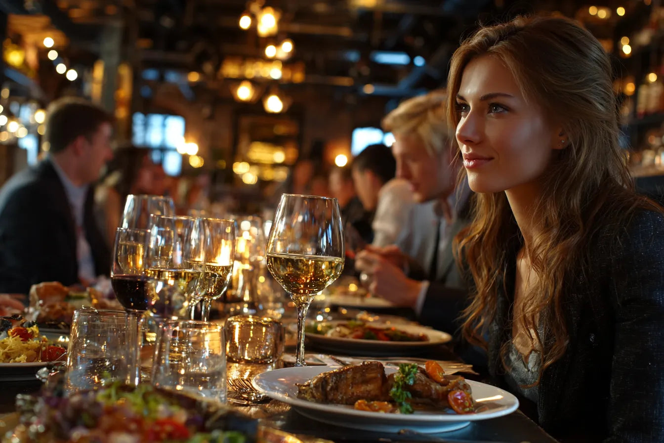 Woman enjoying a meal and wine in a dimly lit, upscale restaurant with other diners.
