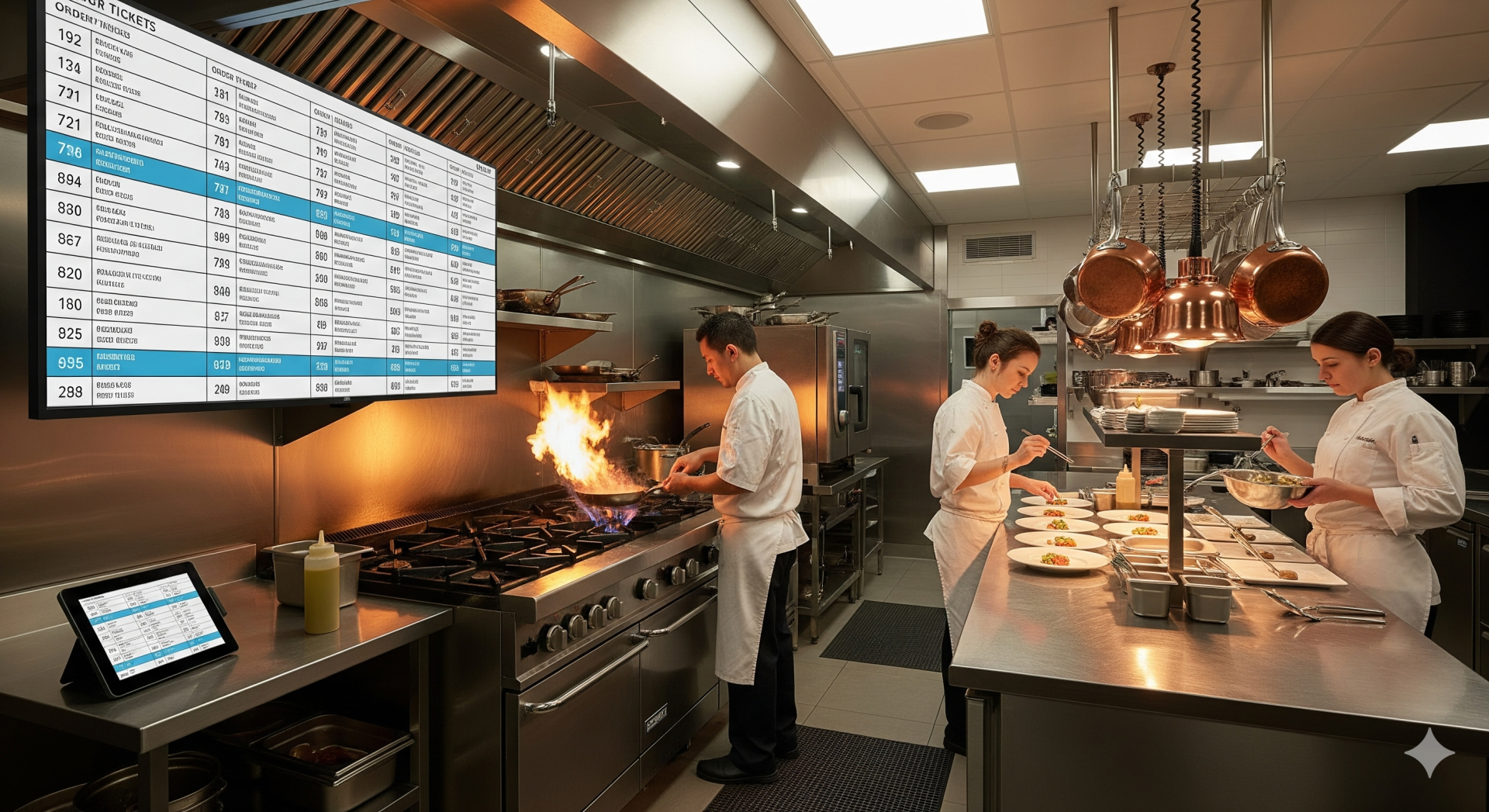 Busy commercial kitchen with chefs working, displaying a large digital order screen and a tablet.