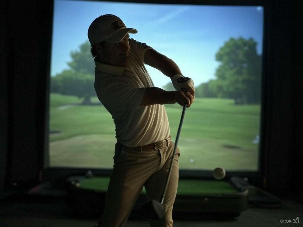 Golfer in a white cap and shirt swinging a club in a golf simulator with a projected course.