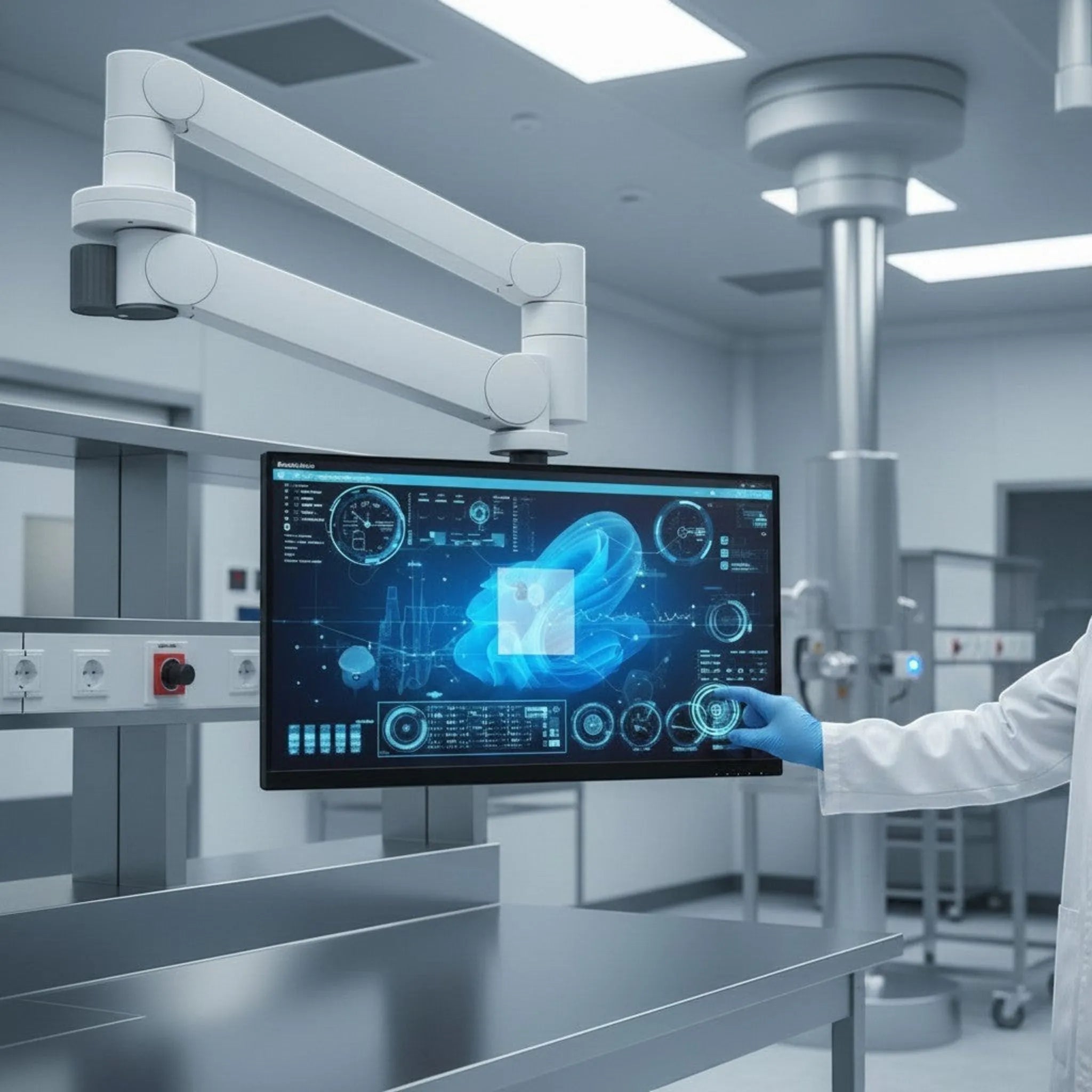 Medical professional in a lab coat and blue glove interacts with a modern touch screen displaying complex data.
