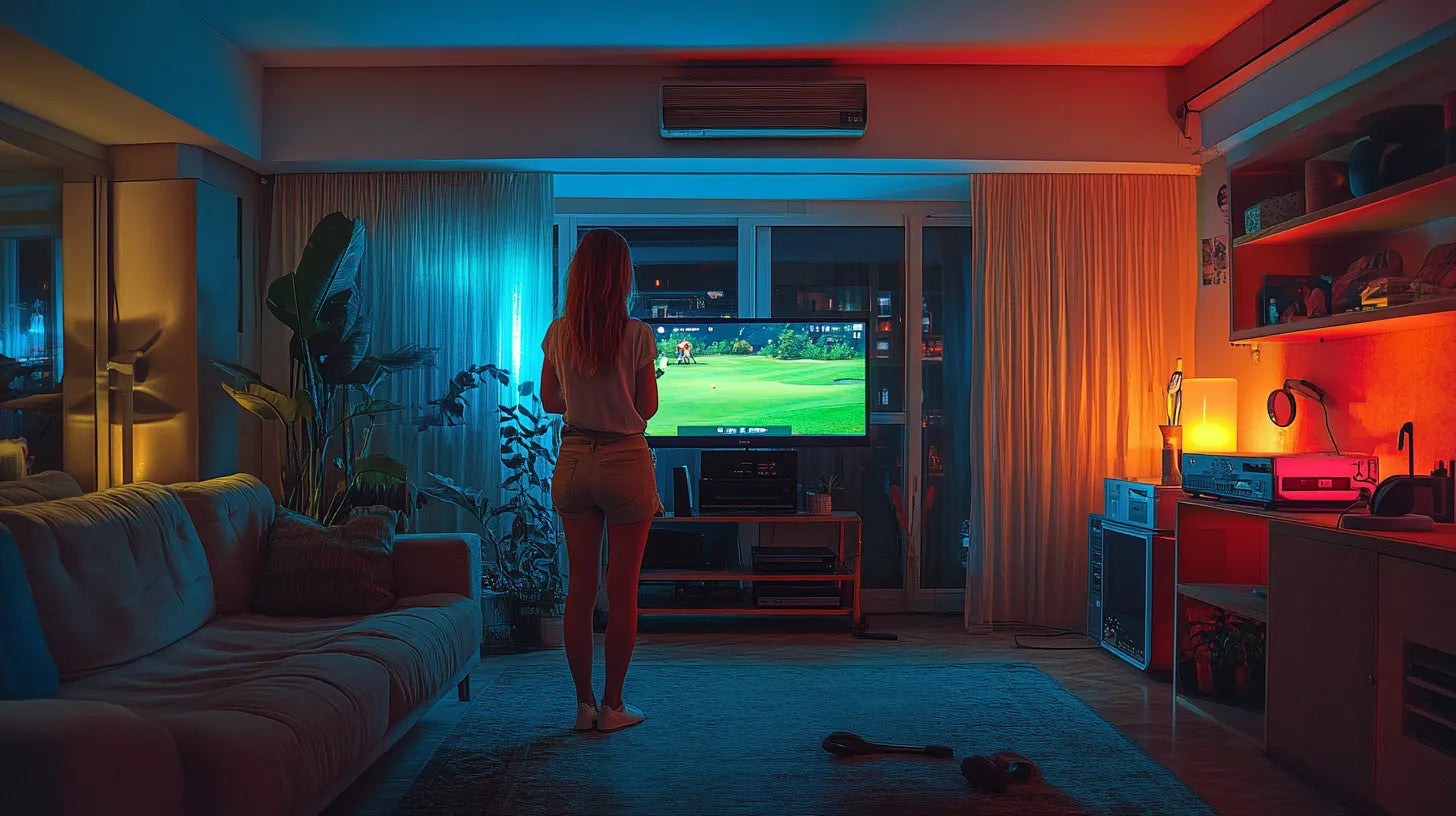 Woman playing golf on a large TV screen in a cozy, neon-lit living room.
