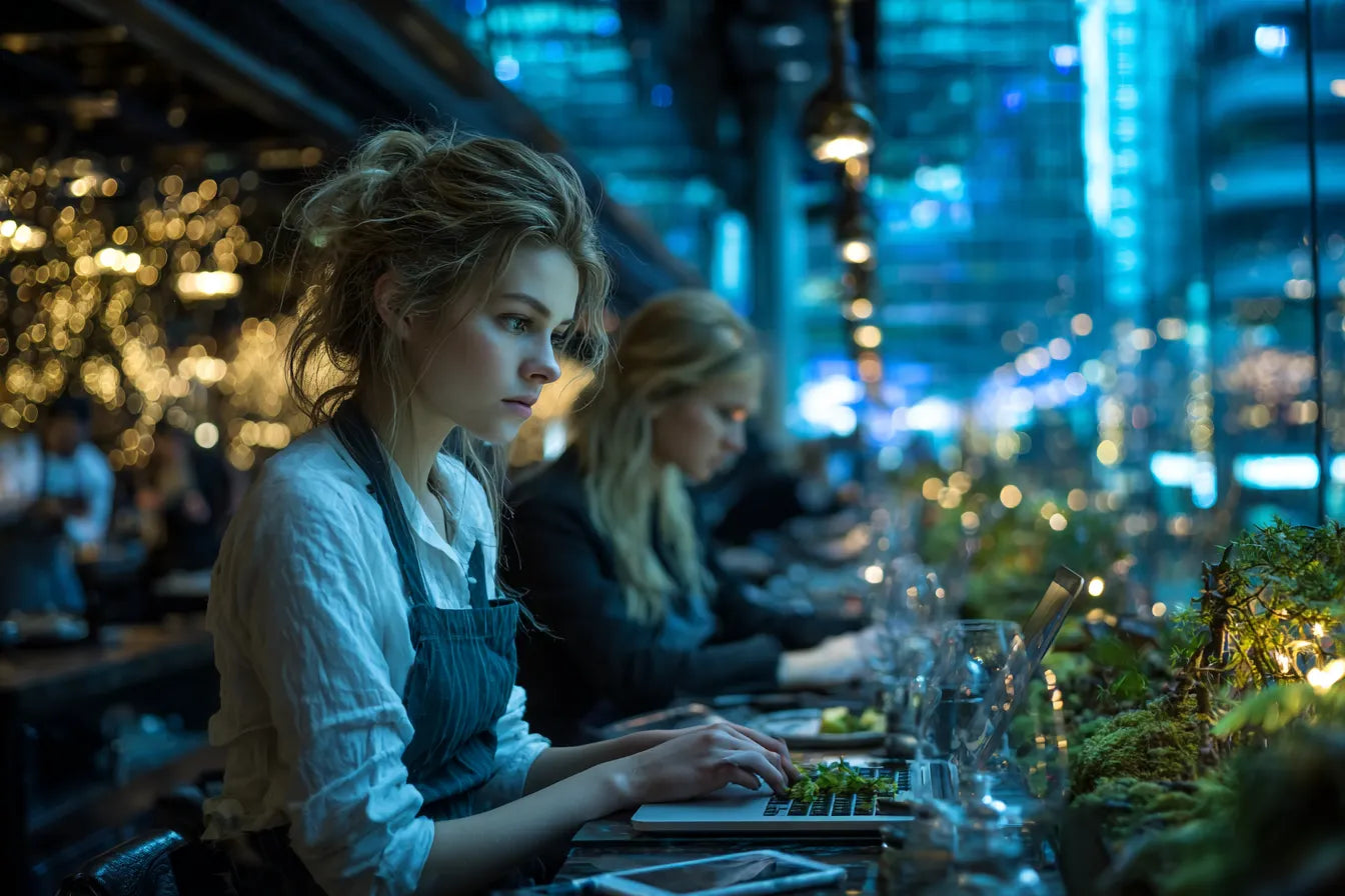 Young woman in a modern restaurant using a laptop, reflecting digital integration in dining.