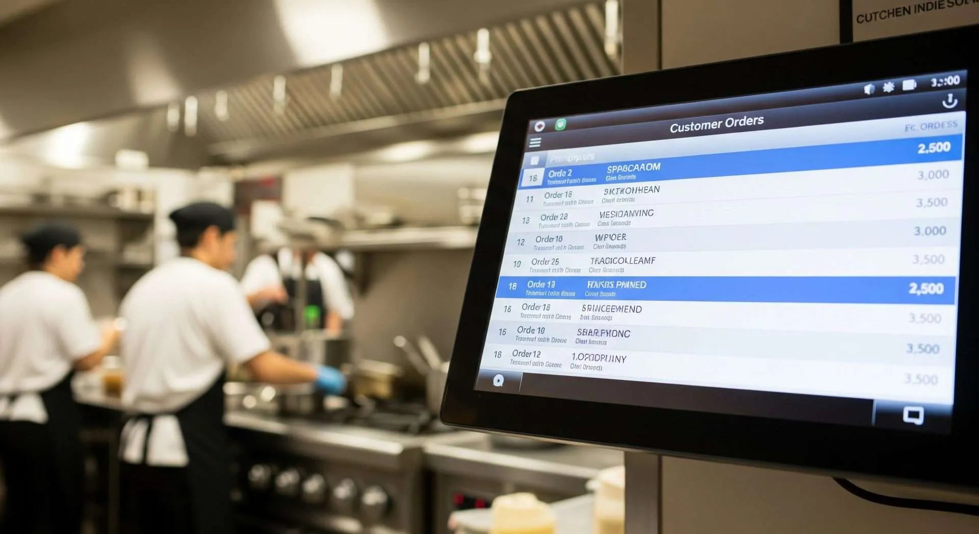 A kitchen touch screen displaying customer orders, with chefs working in the background.