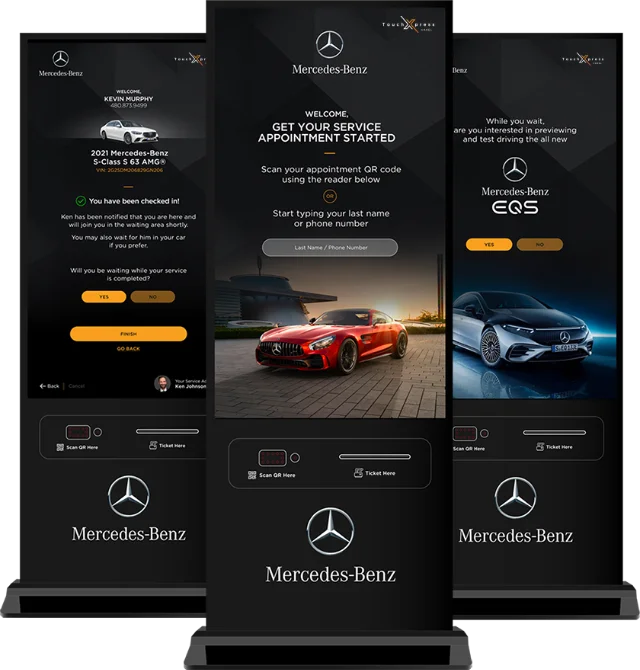 Three black Mercedes-Benz digital signage kiosks displaying service appointments and car models.