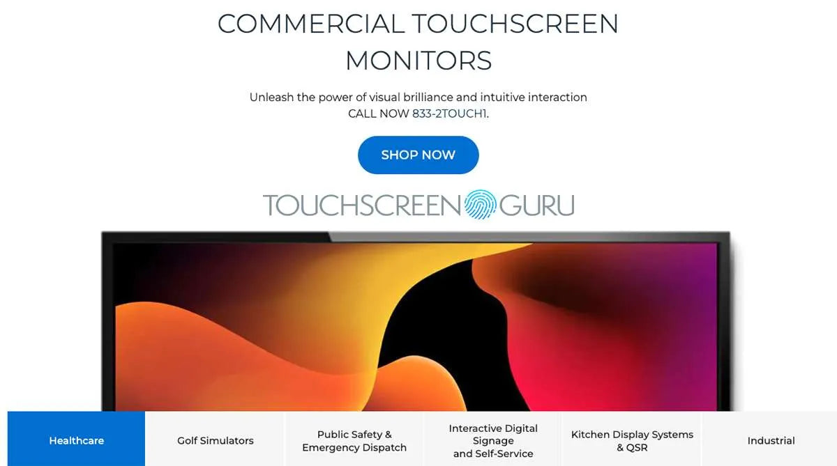 TouchScreenGuru.com homepage displaying commercial touchscreen monitors, a 
