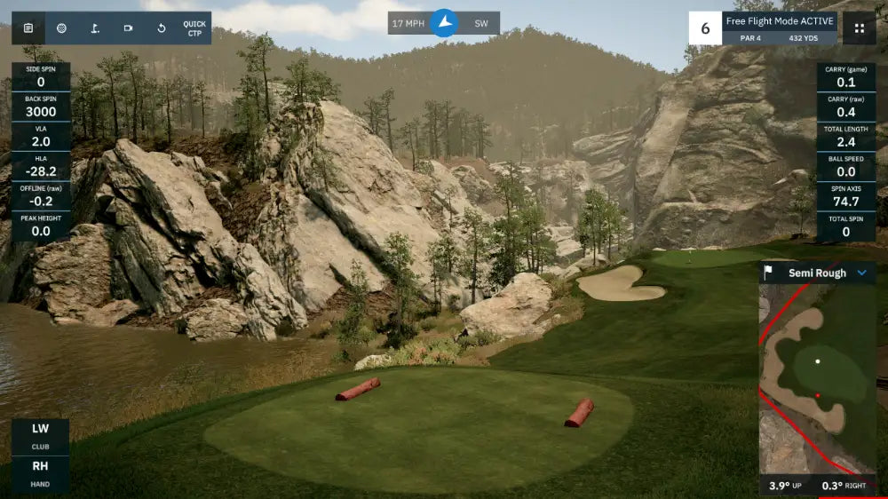 A realistic golf simulator screen displaying a scenic course with rocky cliffs and trees.