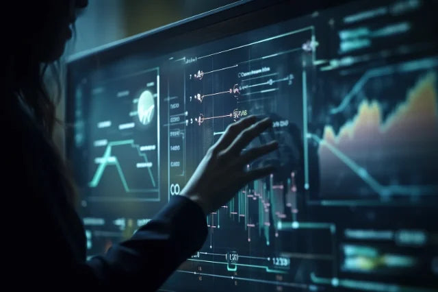 Woman interacting with a large, dark interactive display showing data charts and graphs.