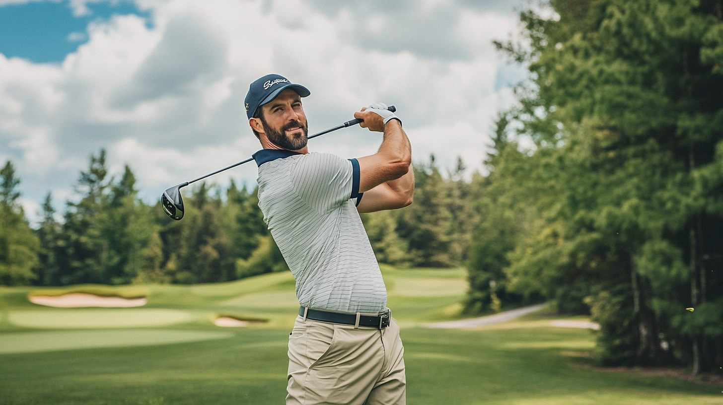 Golfer in a blue hat and striped shirt mid-swing on a sunny course with green trees and bunkers.