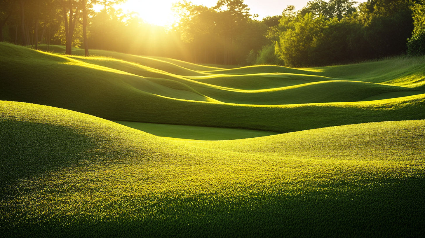 Lush green golf course with rolling hills, bathed in warm golden sunlight at sunset.