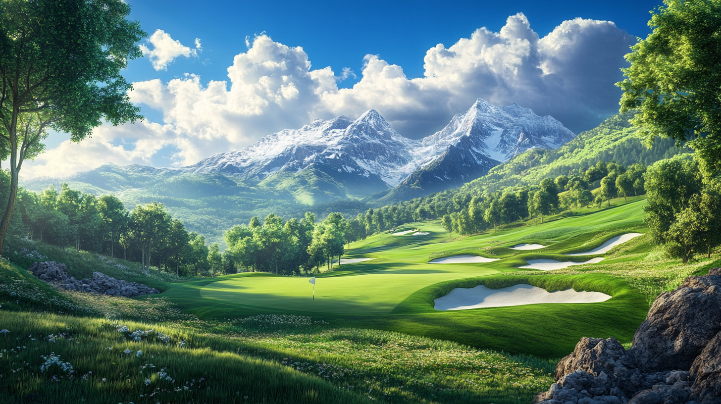 Lush green golf course with sand traps and snow-capped mountains under a bright blue sky.