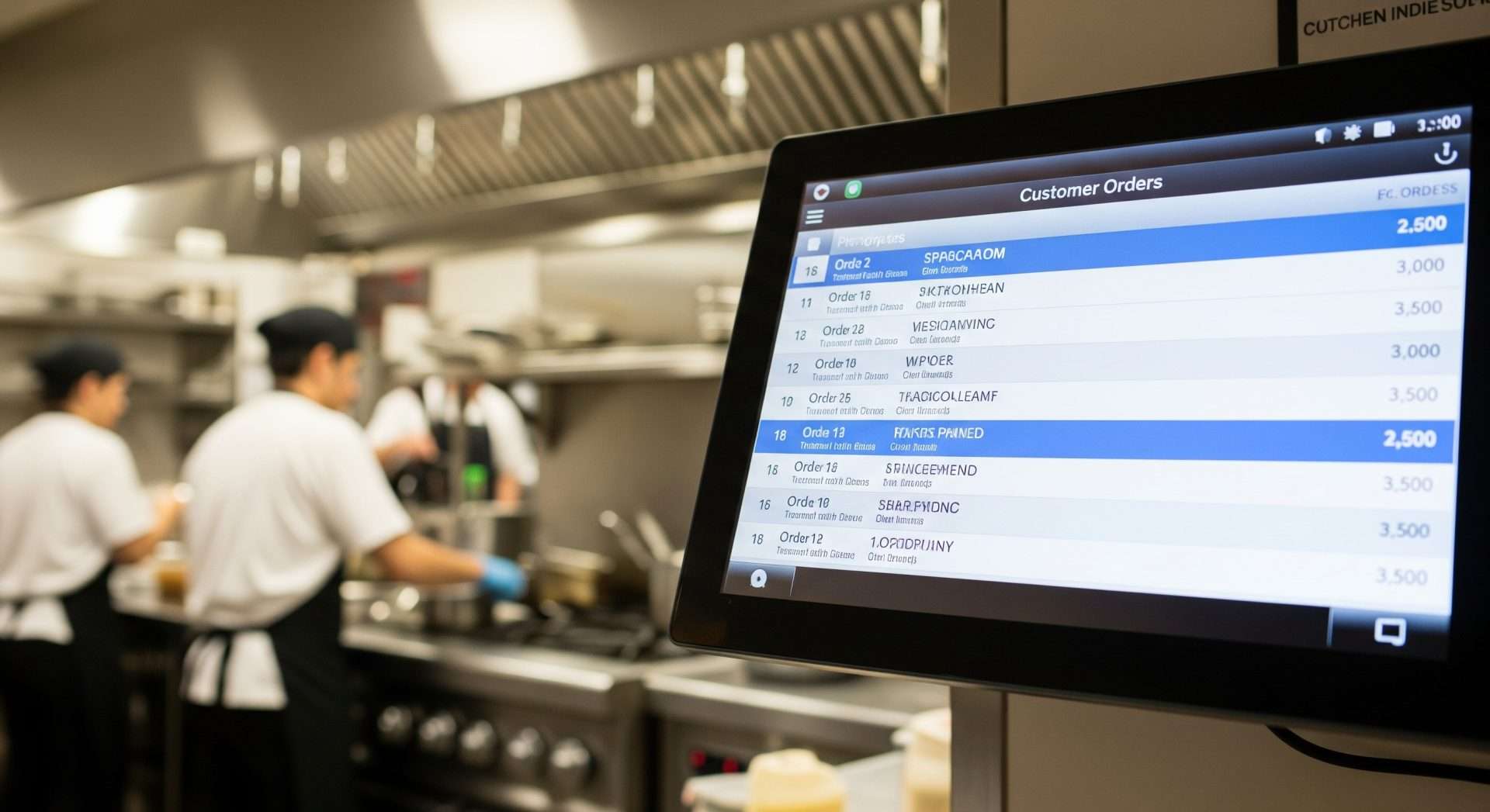 Modern kitchen display system (KDS) showing customer orders in a busy commercial kitchen.