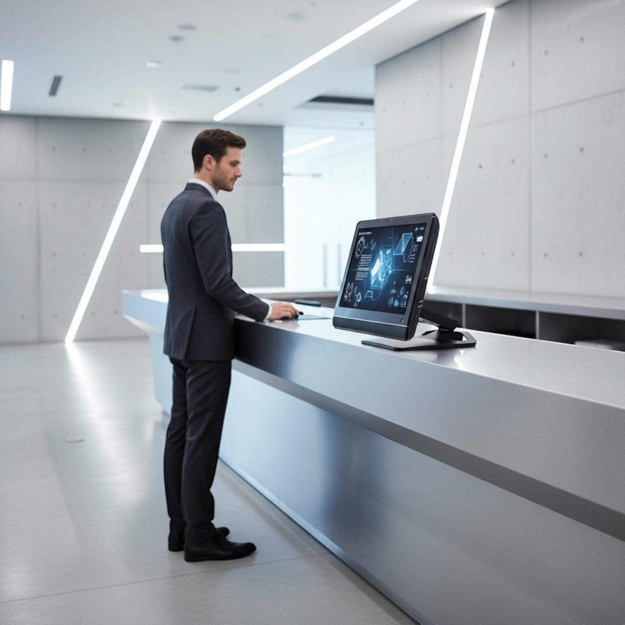 Man in a suit using a sleek black touch monitor on a modern gray counter in a brightly lit office.