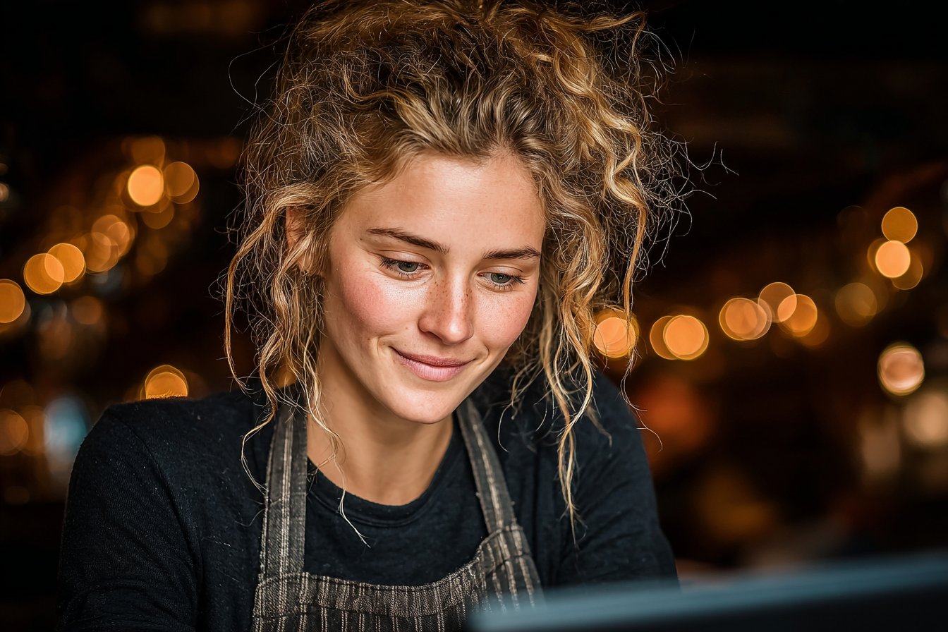 Smiling woman with curly blonde hair wearing a dark apron, looking down at a screen, with warm bokeh lights in the background.