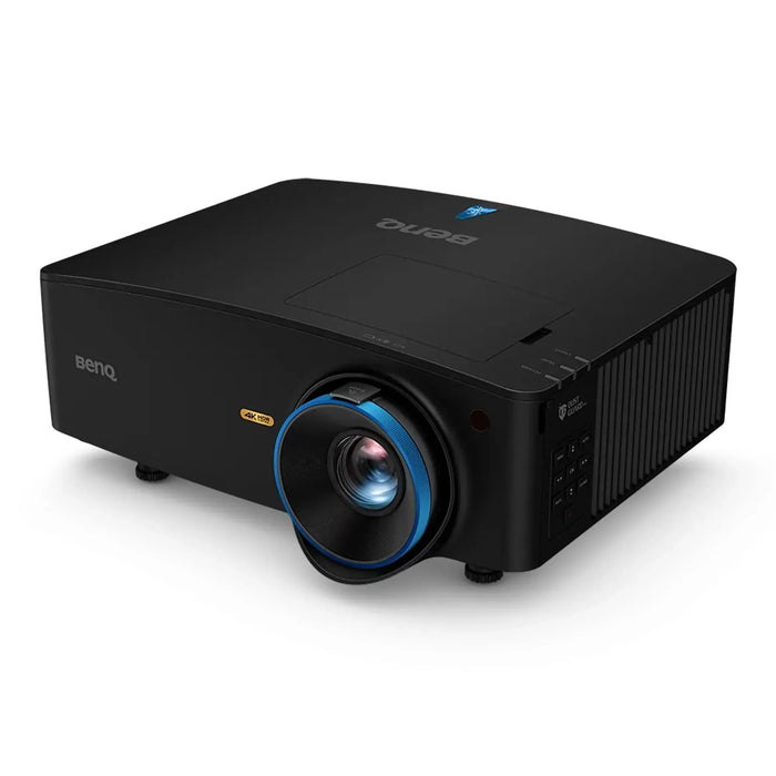 Angled view of a black BenQ LK936ST 4K projector on a white background