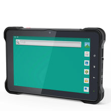 Rugged tablet powered on displaying a browser and app icons on a white background