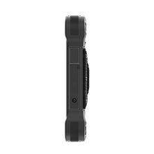 Side view of a black rugged tablet on a white background
