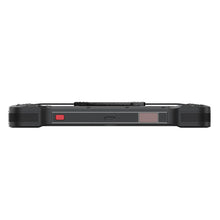 Side view of a black rugged tablet with a red power button on a white background