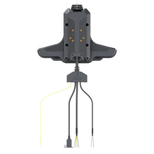 Black standard docking station for a rugged tablet with multiple cables on a white background