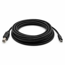 15ft coiled black USB-C to USB-B 2.0 cable with durable smooth insulation on a white background.