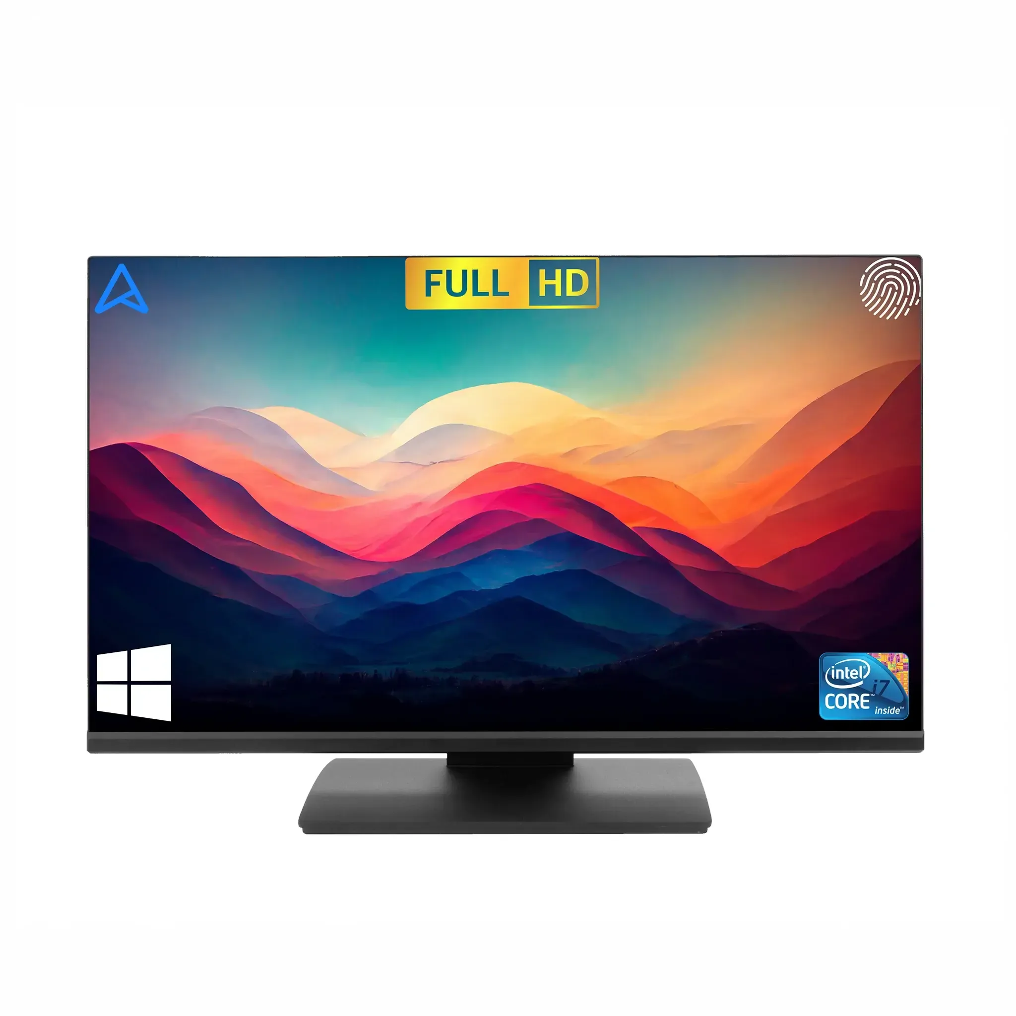 Black 24" FHD industrial Windows i7 touch all-in-one PC with slim bezel and sturdy stand.