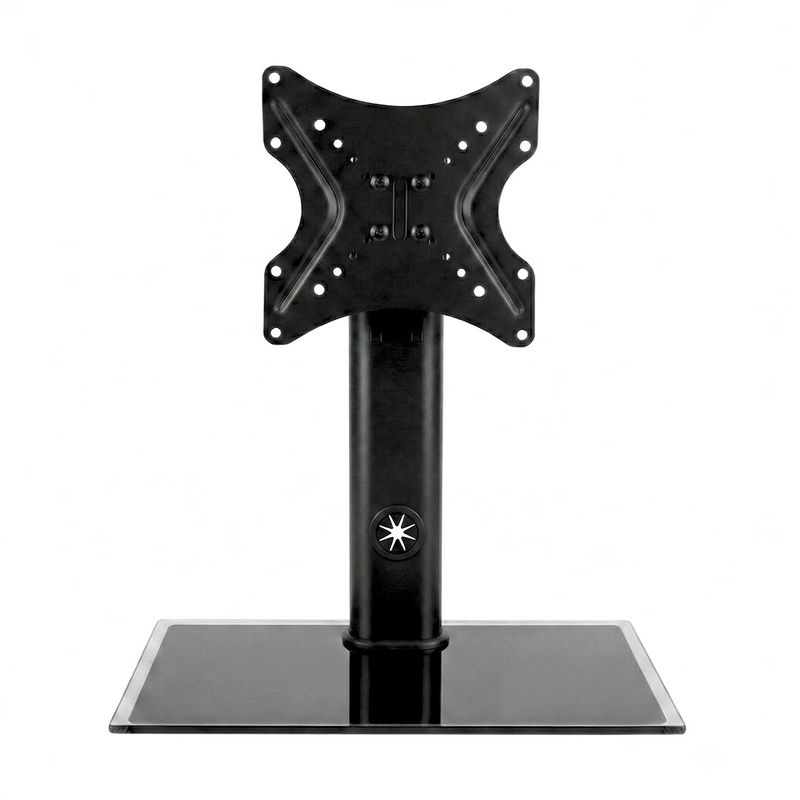 Black universal TV stand with a glossy rectangular glass base and adjustable VESA mounting bracket.
