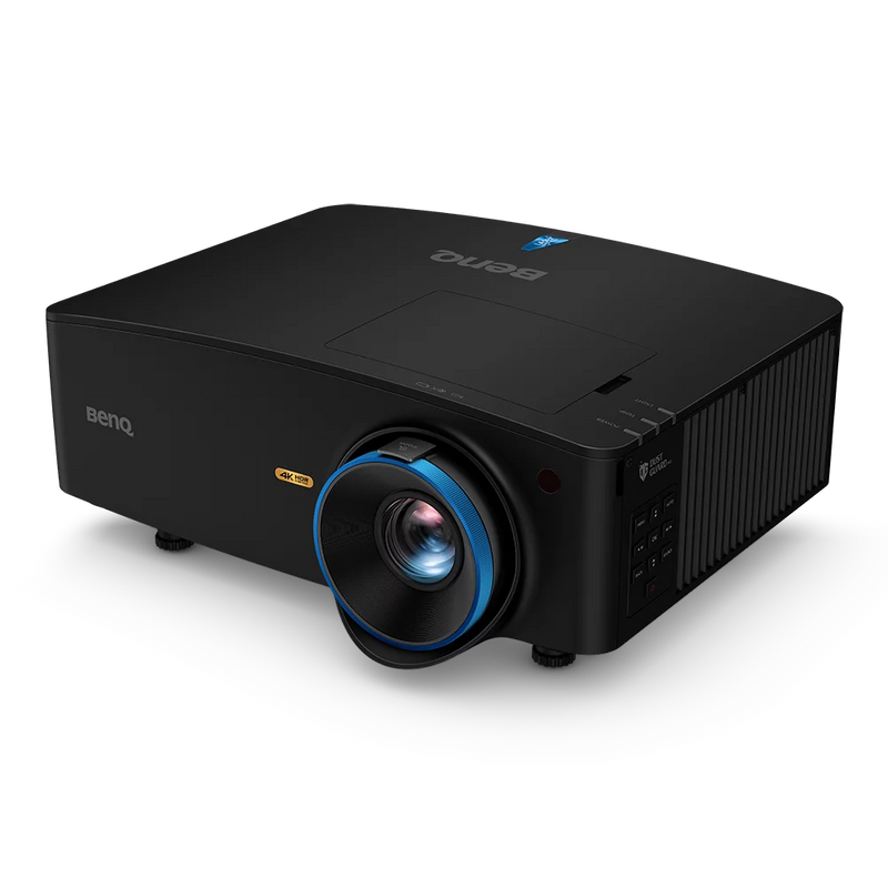 Sleek black BenQ 4K HDR projector with a prominent blue lens ring and side vents, viewed from an angle.