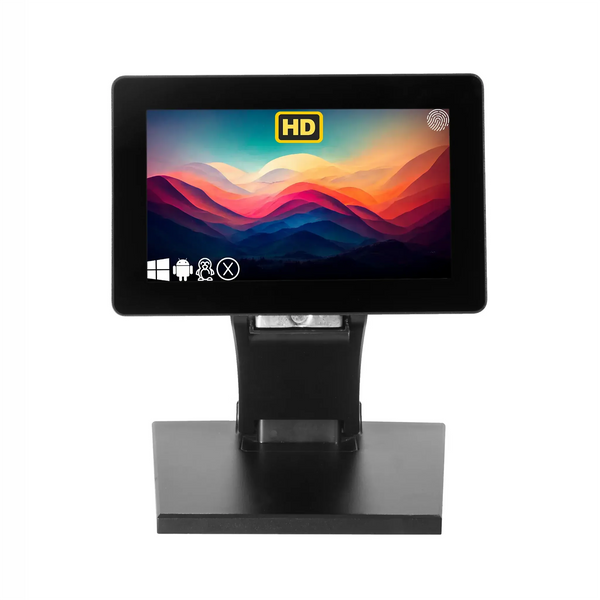 Black 8" high-bright rugged touch monitor with a sleek design, featuring HD display and OS compatibility icons.