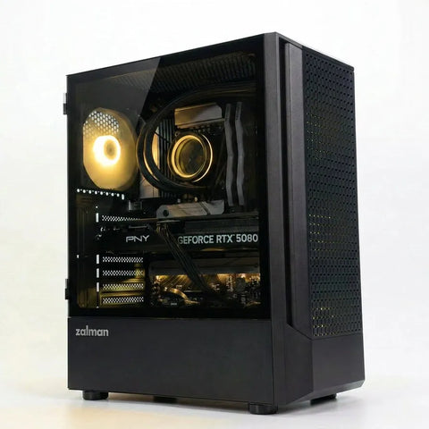 Black Zalman gaming desktop PC with tempered glass side panel, internal yellow LED lighting, and GeForce RTX 5080 GPU.