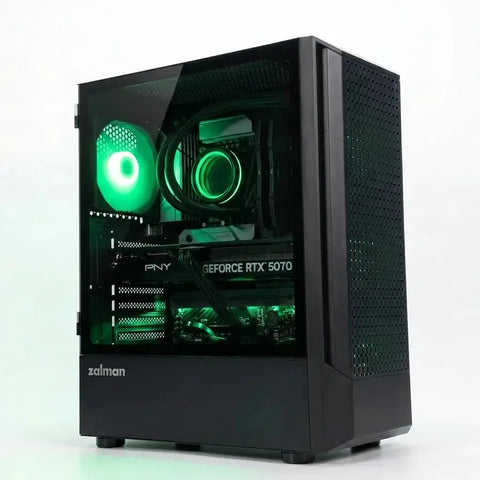 Black Zalman Fit gaming desktop with green internal RGB lighting, clear side panel, and RTX 5070 graphics.