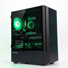 Black Zalman Fit gaming desktop with green internal RGB lighting, clear side panel, and RTX 5070 graphics.