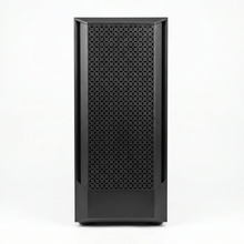 Sleek black gaming desktop PC with a perforated front panel for optimal airflow.